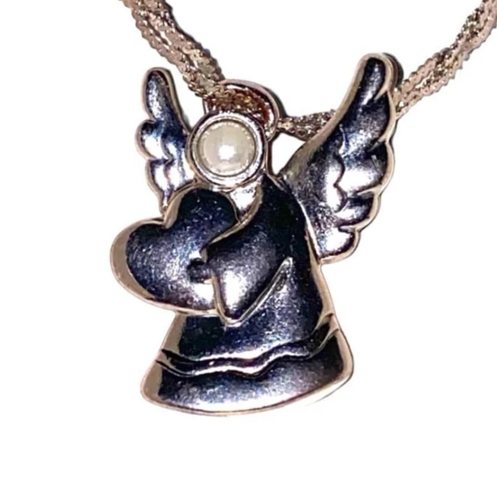 Vintage Sterling Silver Pearl Angel Pendant Braided Chain Necklace 20" - Picture 5 of 7